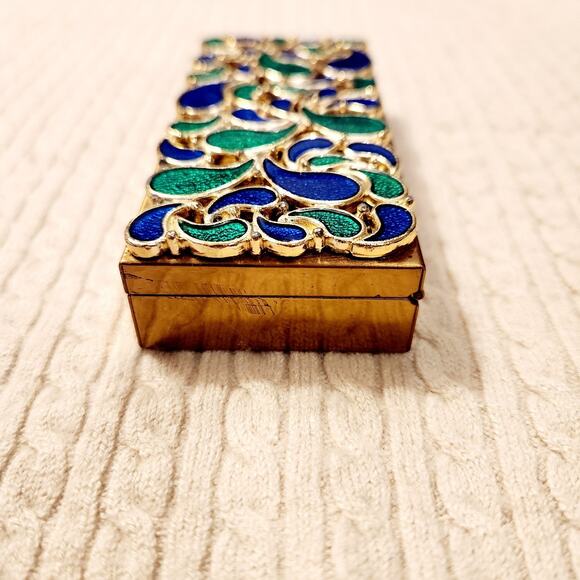 Stunning Vintage 80s Cloisonne Enamel Brass Trinket Box Floral Green Blue - Picture 7 of 9
